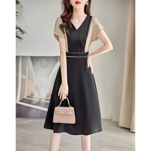RM4759#夏季新款拼接撞色裙子优雅气质女式高档休闲通勤风连袖连衣裙