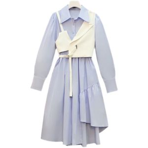 TR55912# 高品质蓝色衬衫连衣裙秋季新款气质早春小香风马甲两件套 服装批发女装批发服饰货源
