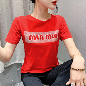 RM5294#欧洲站2023夏装新款韩版宽松百搭圆领字母烫占T恤女休闲上衣