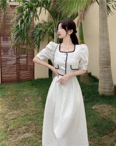TR18195# 小香风时尚套装女夏气质泡泡袖短款上衣白色半身裙两件套 服装批发女装服饰货源