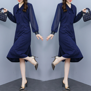RM22438#高级感气质蓝色连衣裙过膝2023春季新款大码遮肉收腰显瘦裙