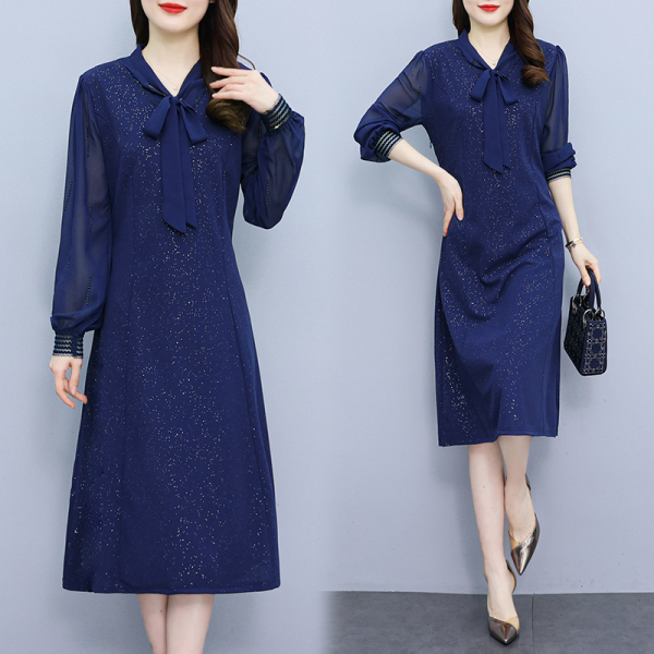 RM22438#高级感气质蓝色连衣裙过膝2023春季新款大码遮肉收腰显瘦裙