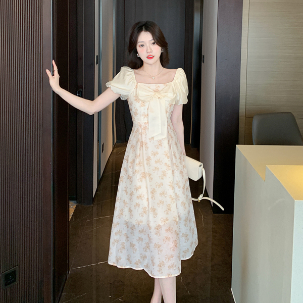 RM10846#夏季新款女装裙子法式收腰温柔风设计感小众蝴蝶结气质连衣裙