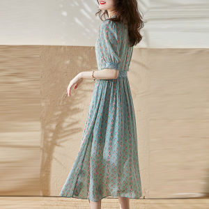 RM5682#夏季新款韩版时尚透气亲肤蕾丝V领泡泡袖印花雪纺连衣裙女