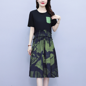 RM14061#大码女装2023夏装胖mm显瘦遮肚子洋气减龄拼接设计感连衣裙女