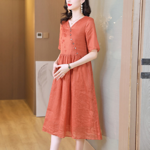 RM5917#新款女装高端刺绣V领显瘦棉麻长裙子