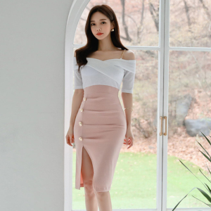 RM4636#夏新款韩版时尚气质优雅显瘦性感一字肩吊带中长包臀连衣裙