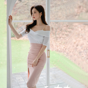 RM4636#夏新款韩版时尚气质优雅显瘦性感一字肩吊带中长包臀连衣裙
