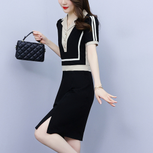 RM7399#大码女装2023夏季新款显瘦修身气质西服领拼色假两件连衣裙
