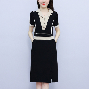 RM7399#大码女装2023夏季新款显瘦修身气质西服领拼色假两件连衣裙