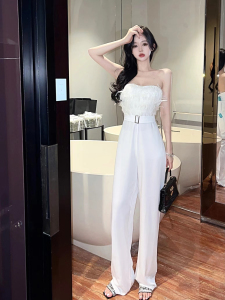 Bra and feather patchwork high waisted slim fitting style jumpsuit