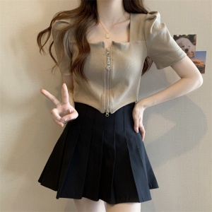 RM9215#大码夏季韩版修身POLO翻领短袖T恤设计感拉链上衣女