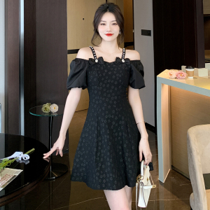 RM21990#夏季新款提花珍珠钉钻吊带一字领甜美时尚连衣裙