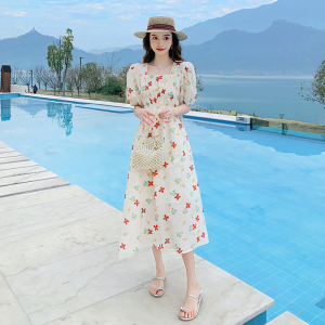 RM4575#夏装新款方领泡泡袖法式收腰连衣裙少女小碎花裙子