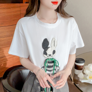 RM5189#独特上衣短袖时尚韩系卡通兔子刺绣系带简约风显瘦百搭大T恤