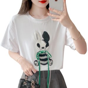 RM5189#独特上衣短袖时尚韩系卡通兔子刺绣系带简约风显瘦百搭大T恤