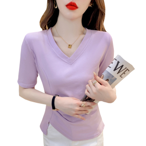 RM5689#不规则褶皱v领短袖t恤女夏季新款正肩修身显瘦内搭短款上衣