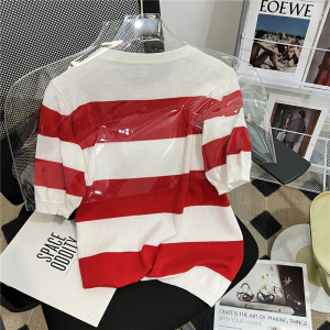 RM18128#夏季时髦百搭经典红白条纹上衣女装设计感宽松短袖时尚针织衫