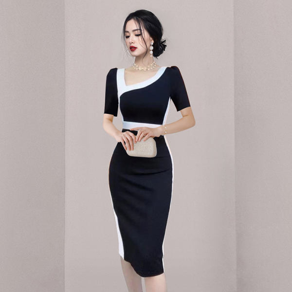 RM5404#新款气质修身显瘦黑白拼接撞色斜肩连衣裙