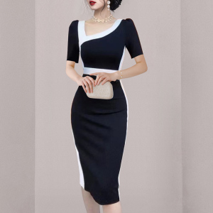RM5404#新款气质修身显瘦黑白拼接撞色斜肩连衣裙
