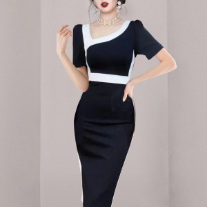 RM5404#新款气质修身显瘦黑白拼接撞色斜肩连衣裙