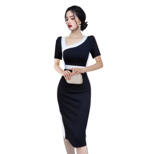 RM5404#新款气质修身显瘦黑白拼接撞色斜肩连衣裙