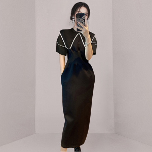 RM5405#新款法式黑色翻领收腰显瘦包臀连衣裙