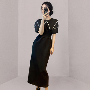 RM5405#新款法式黑色翻领收腰显瘦包臀连衣裙