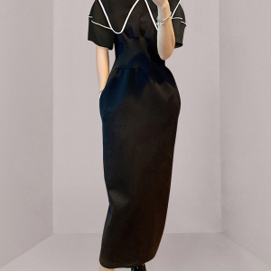 RM5405#新款法式黑色翻领收腰显瘦包臀连衣裙