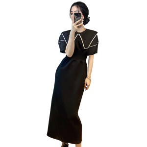 RM5405#新款法式黑色翻领收腰显瘦包臀连衣裙