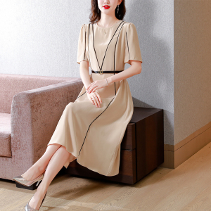 RM5305#欧洲站2023夏新款圆领后拉链短袖气质款醋酸面料连衣裙女