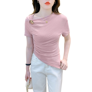 TR25789# 夏季新款设计感小众时尚不规则显瘦性感褶皱短袖T恤女 服装批发女装服饰货源