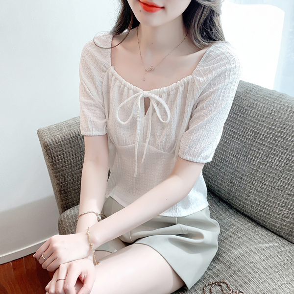 RM20539#夏新款甜妹法式设计感方领抽绳蕾丝小衫