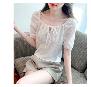 RM20539#夏新款甜妹法式设计感方领抽绳蕾丝小衫 