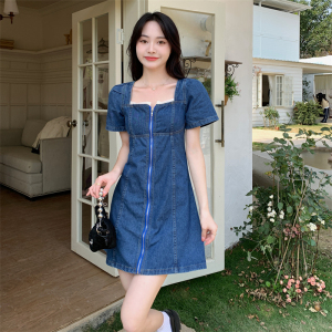 RM14683#夏季大码女装新款方领拉链牛仔短袖A字显瘦连衣裙S-5XL200斤