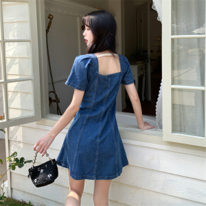 RM14683#夏季大码女装新款方领拉链牛仔短袖A字显瘦连衣裙S-5XL200斤