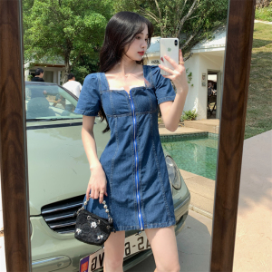 RM14683#夏季大码女装新款方领拉链牛仔短袖A字显瘦连衣裙S-5XL200斤