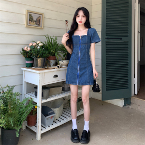 RM14683#夏季大码女装新款方领拉链牛仔短袖A字显瘦连衣裙S-5XL200斤