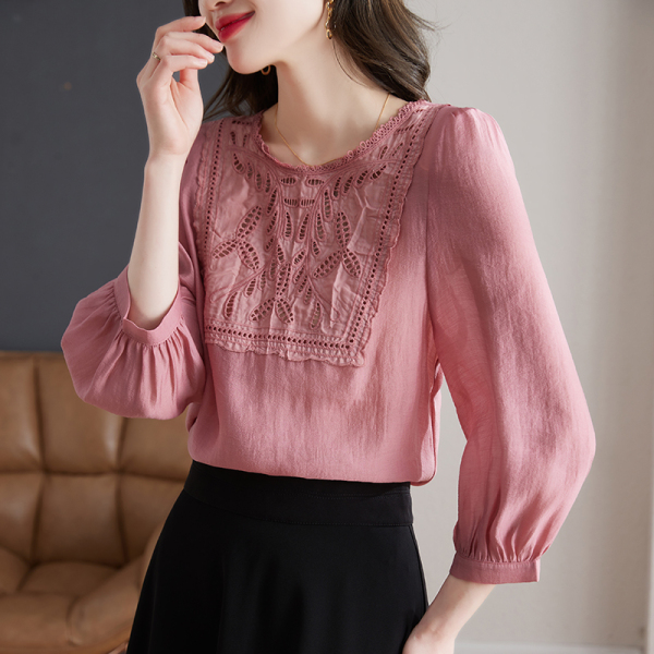 RM4720#法式天丝衬衫女夏季新款长袖设计感小众别致衬衣粉色上衣