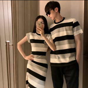 TR33388# 阿姐家情侣装一裙一衣条纹夏季简约气质长裙 服装批发女装批发服饰货源