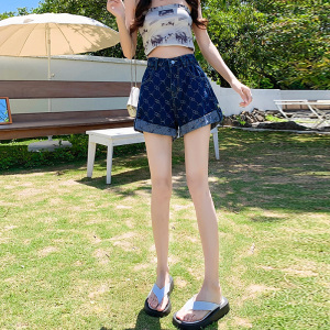 TR18993# 高腰宽松阔腿牛仔短裤女夏季新款小众设计拼色翻边短裤