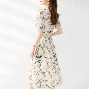 RM4761#新款夏季连衣裙女时尚斜襟V领印花气质减龄通勤超修身X型裙子