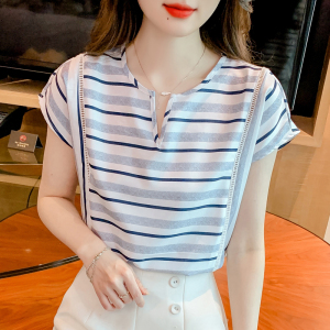 RM17989#文艺时尚舒适风夏季洋气百搭衬衣小V领条纹女式衬衫