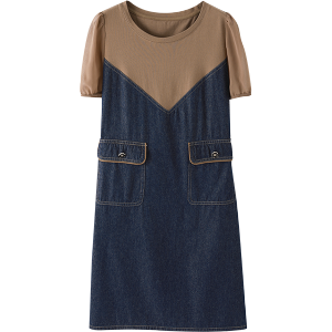 RM8591#泡泡袖连衣裙女2023年夏季新款撞色拼接宽松显瘦休闲裙子