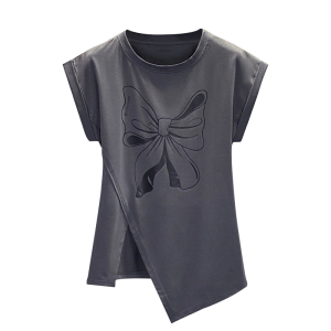RM5608#大码女装2023夏季新款宽松显瘦设计感不规则开叉短袖T恤上衣