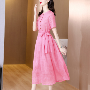 RM5164#民族风苎麻连衣裙2023夏季新款文艺女装收腰显瘦高端长裙