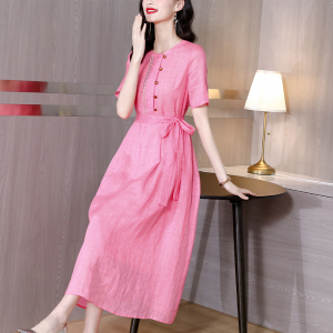 RM5164#民族风苎麻连衣裙2023夏季新款文艺女装收腰显瘦高端长裙