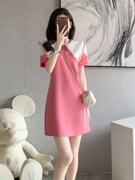 RM8589#粉色娃娃领连衣裙女夏季2023新款小个子遮肚子减龄显瘦休闲T...