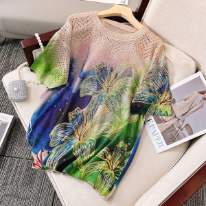 RM5207#高端欧货镶钻短袖t恤女装夏季薄款针织衫宽松显瘦上衣