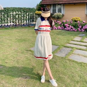 RM6118#大码女装卡通字母印花接学院风衬衫裙胖mm韩版显瘦长裙